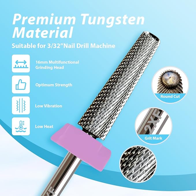 16mm Long Tapered Barrel Nail Drill Bit, 3/32” Safety Tungsten Carbide E-File Bit for False Nail Application, Press-On Tip Apply Nail Extension, Gel & Acrylic Removal, Two-Way Rotation, Double Fine