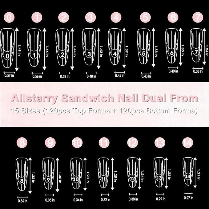 Allstarry Sandwich Dual Nail Forms, Reusable Sandwich Dual Forms 240pcs 15 Sizes Almond Round Nail Extensions Plastic Poly Gel Nails Forms for Builder Gel No Paper Forms Needed Moldes Dual Nails Molds