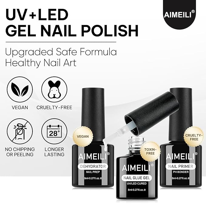 AIMEILI 3Pcs Gel Nail Glue Nail Dehydrator and Primer, Hema Free, Cruelty Free, Vegan, Clear High Gloss Gel Nail Polish Long Lasting Nail Art