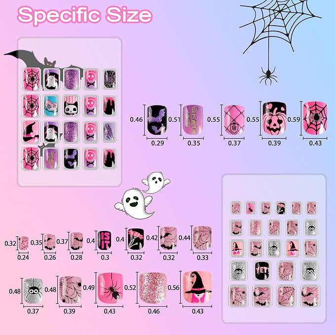 Allstarry Kids Halloween Nails, 6 Pack Children Press on Nails Pre-glue Full Cover Glitter Pink Purple Spider Bat Pumpkin Short False Nail Kits Halloween Gifts for Kids Little Girl Nail Art Decoration
