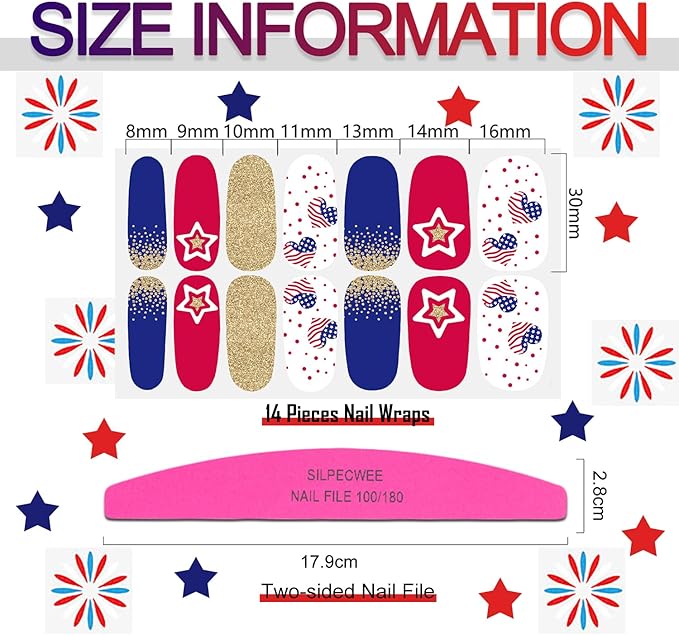 SILPECWEE 20 Sheets 4th of July Nail Wraps Independence Day Nail Polish Stickers Patriotic American Nail Polish Strips Self Adhesive Fingernail Sticker Nails for Women with Nail File
