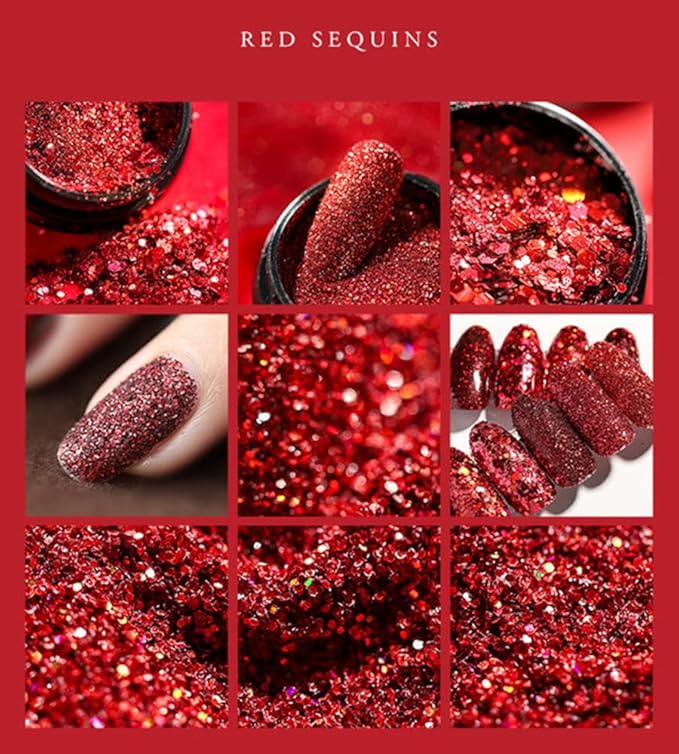 Red Nail Art Glitter Sequins Red Crystal Diamond Sparkly Nail Powder Valentine's Day Nail Supplies New Year Wedding Shiny Nail Flakes for Women Girls Holographic Manicure Tips Charms Pigment 6 Boxes