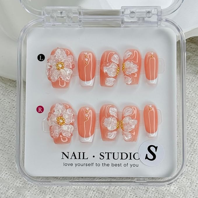 Handmade Press on Nails Medium Coffin White French Acrylic Nails 3D Flower Embossed False Nails Reusable 3D Flower and Pearl for Girls Manicure Art Decoration Accessories (Size S)