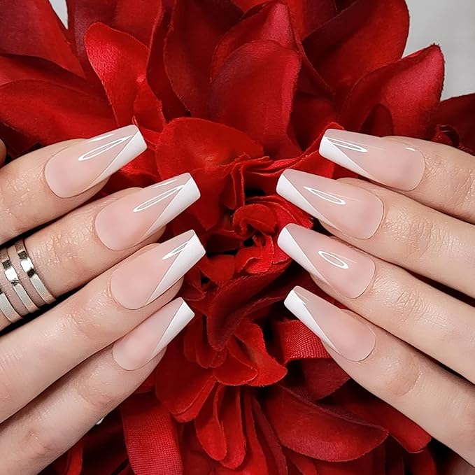 Hypnaughty 24 Pcs Paris Classy French Coffin Press On Nails with Design and Glue Medium Long Fake Nails Nude Pink and White Asymmetrical French Tip Glue On Nails Full Cover (Paris)