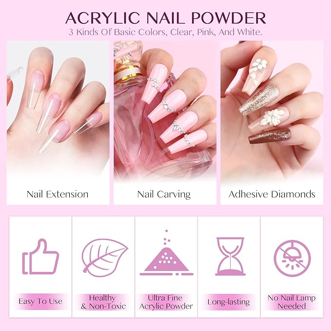SAVILAND Acrylic Nail Kit with Drill: 3 Colors Acrylic Powder, Nail Liquid, 20,000 RPM Electric Nail File, Brushes & All Essential Tools, Nail Kit for Beginners with Everything for DIY Extension