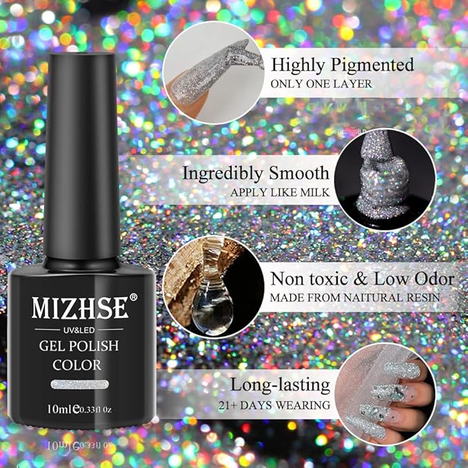 MIZHSE Glitter Gel Polish, Silver Sparkle Gel Nail Polish Diamond Disco Reflective Glitter Gel Polish Soak Off U V Nail Art Varnish Manicure Home DIY 10ml