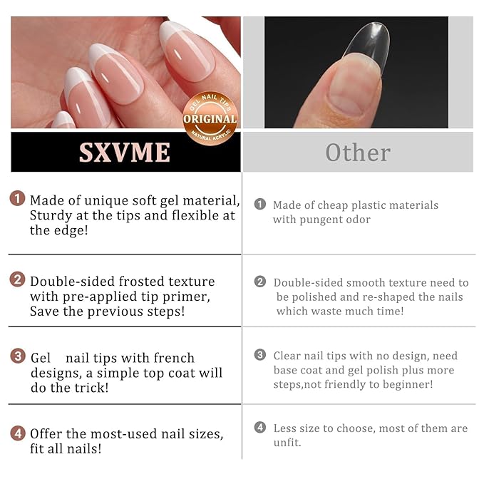 Gel X Medium Almond Press on Nails SXVME White French Nail Tips 300Pcs Pre-applied Tip Primer Natural Pink Fake Nails Extensions Gel X Nail Kit for Women Girls DIY