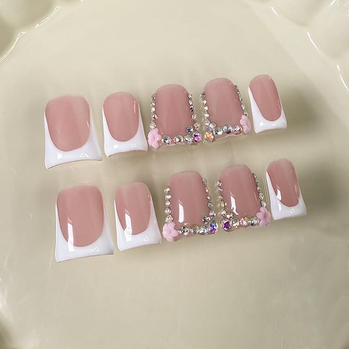 Handmade Duck Press on Nails White French Tip Short Duckbill Tips with Rhinestone Flower Designs Full Cover Muti-Layer Gel Acrylic Nail Luxury False Nails Thickened Fake Stick on Nails for Women (S)