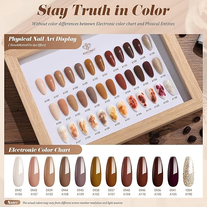 modelones Gel Nail Polish Set, 12 Colors Winter Neutral Nude Brown Gold Glitter Gel Polish Tawny Cinnamon Burdundy Maroon Classic Collection for All Skin Tones LED Nail Art Salon DIY Gift