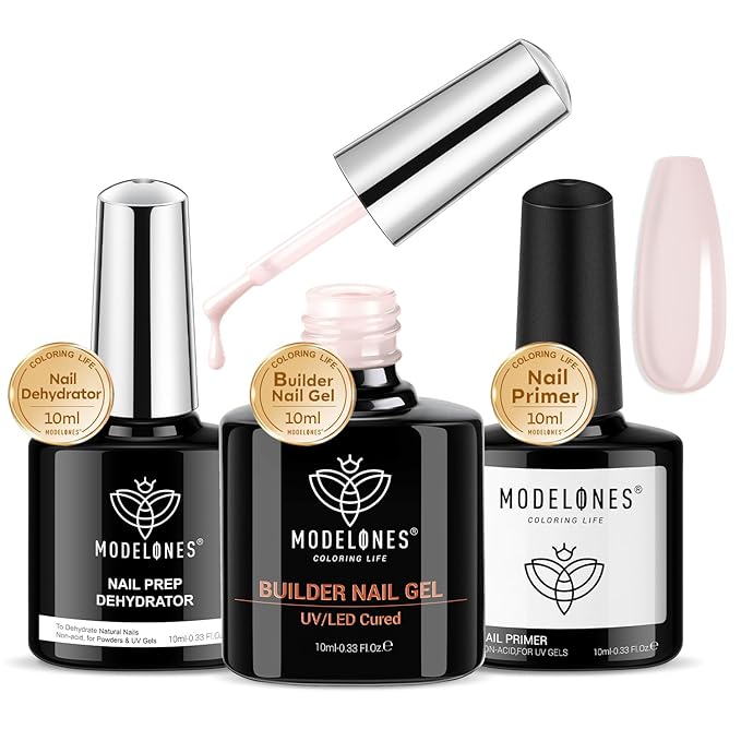 modelones Nail Dehydrator and Primer with Builder Nail Gel, 3Pcs Cover Nude Pink LED Gel Builder Polish Base Coat Prep Dehydrate & Bond Primer for Apex Building Thickening 10ml Home DIY Salon
