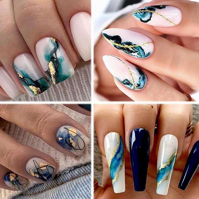 Marble Wave Nail Art Stickers, French Line Nail Art Transfer Decals Designs, 3D Geometry Gold Line Heart Nail Self-Adhesive Sticker Supplies for Women Girls Manicure Decorations, DIY Resin Nail Decal