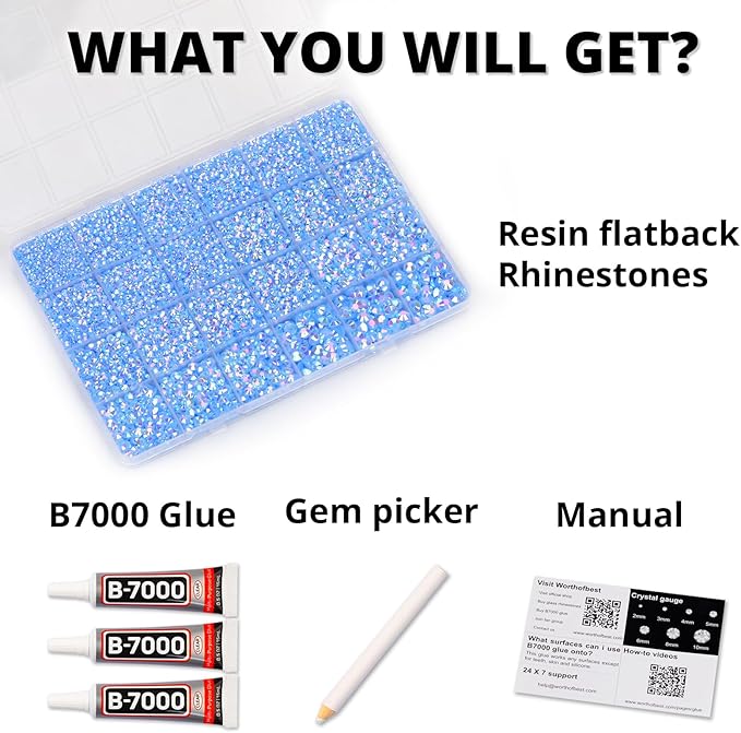 33000Pcs Baby Blue Rhinestones for Bedazzling, Bedazzler Kit with Flatback Craft Rhinestones Bulk and B7000 Glue, 2,3,4,5,6mm Resin Flat Back Crystals for Craftings, Crafts, Clothes, Shoes, Nails