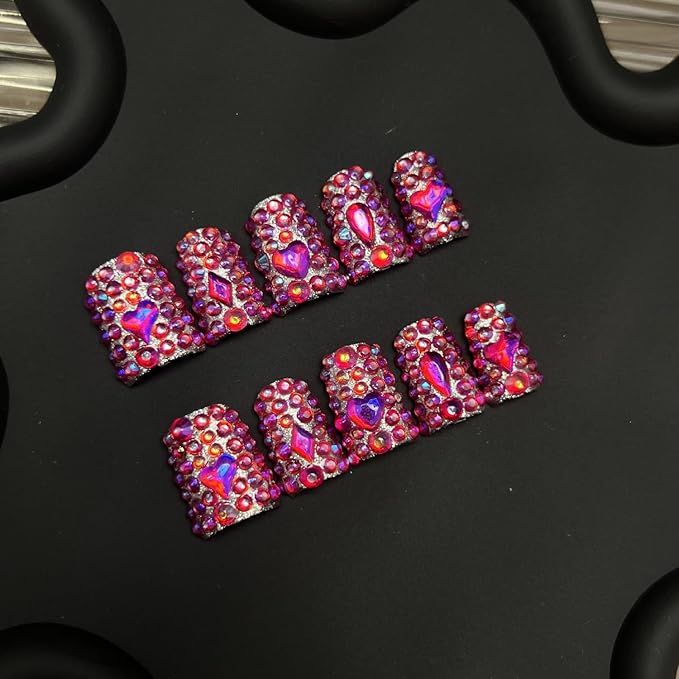 Handmade Press on Nails with Full Covered Luxury Rose Red Rhinestone Crystals False Nails Designs Reusable Muti-Layer Gel Stick on Nail Short Duck Thick Acrylic Fake Nails for Women（S)