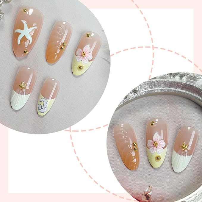 Summer Press on Nails Medium Almond Fake Nails Beach Nails Press ons with Flower,Starfish Design Full Cover Stick on Nails for Women Manicure,Reusable | Nail Sticky Tabs | Easy Apply | 24Pcs