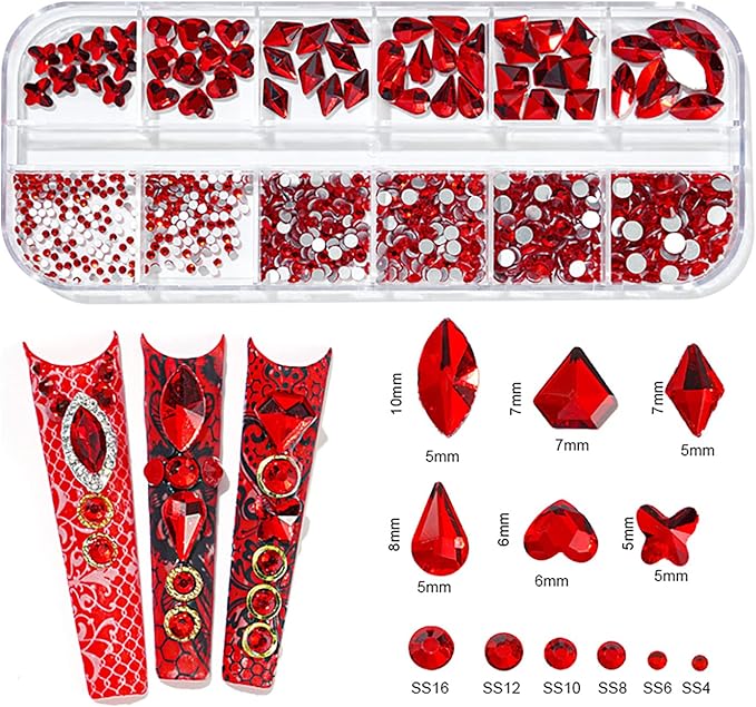 1650 Pcs Crystal Nail Rhinestone Kit Green Red Blue Color with Round Flat Back and Mixed Shapes Rhinestone Nail Art DIY Gem Bead for Girls Women