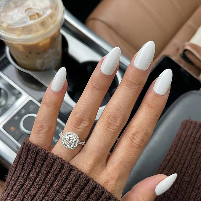 White Press on Almond Nails Short 16 Sizes Glossy Gel Fake Nails with Glue & Stick