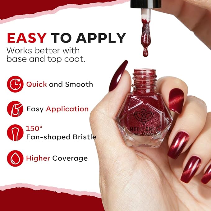 modelones Red Nail Polish Set, 6 Colors Valentines Cat Eye Dark Ruby Cherry Glitter Mini Quick Dry Nail Lacquer Kit, Magnetic Sparkle DIY Nail Art Manicure Gift for Women Girls