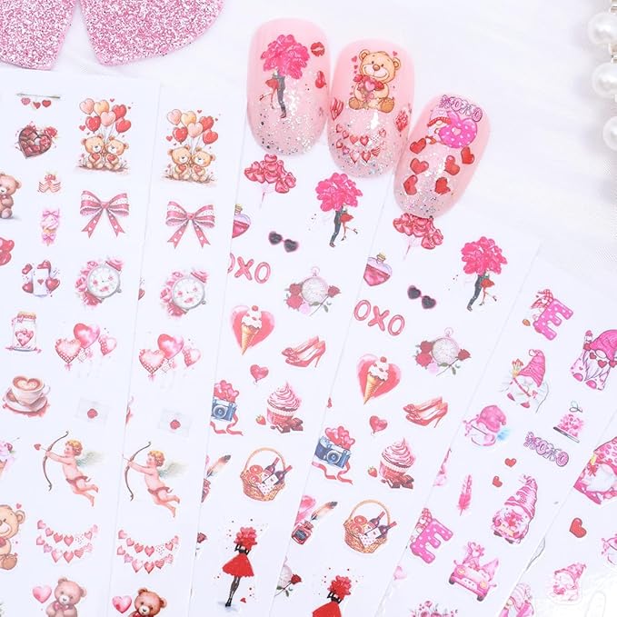6 Sheets Valentines Day Nail Art Sticker 3D Self-Adhesive Pink Heart Nail Stickers Angel Bear Couple Bow Rose Romantic Design Cute Love Nail Decals Nail Art Supplies for Acrylic Manicure Decorations