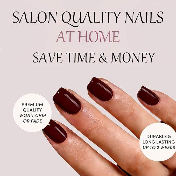 Dark Red Press On Nails Square -Short Press On Nails with Nail Glue, Fit Perfectly & Natural Reusable Stick On Nails in 12 Sizes - 24PCS Soft Gel Glue On Nails Kit