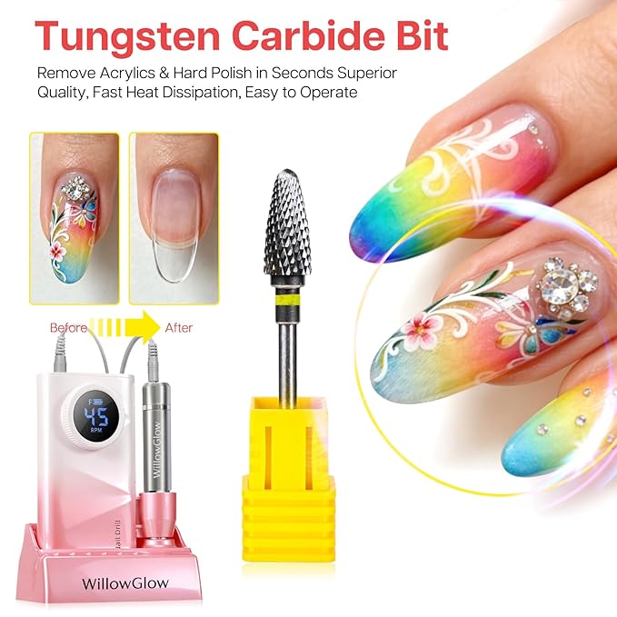 Professional Nail Drill with Charging Dock & Ceramic/Tungsten Bits, 45000RPM Stepless Speed Cordless Efile for Fast Acrylic Gel Removal, Electric Nail File Machine for Home Salon Use (Gradient Pink)