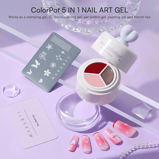 Makartt 5-in-1 Nail Art Gel: ColorPot 3 Colors Gel Nail Polish No Wipe with Nail Stamp for Stamping, French Tips, Ombre, Painting, 3d Micro-Sculpting with Silicone Head for Diy Nails at Home Salon