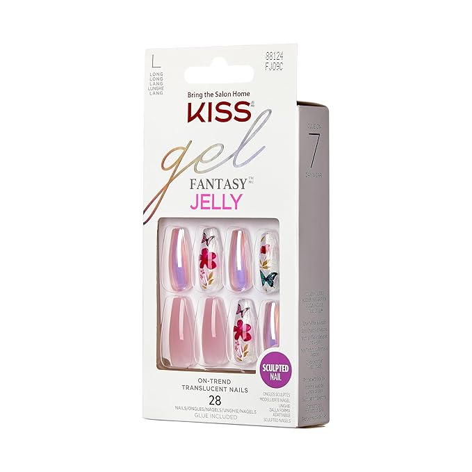 KISS Gel Fantasy Press On Nails, Nail glue included, 'Jelly Cookie', Pink, Long Size, Coffin Shape, Includes 28 Nails, 2g glue, 1 Manicure Stick, 1 Mini File