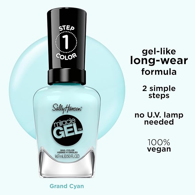 Sally Hansen Miracle Gel Salon Quality Nail Polish | Gel-Like Formula, Two-Step System, No UV Light Needed, Long Lasting | Opaque, Glossy | 668 Grand Cyan | Vibrant Blue Nail Polish