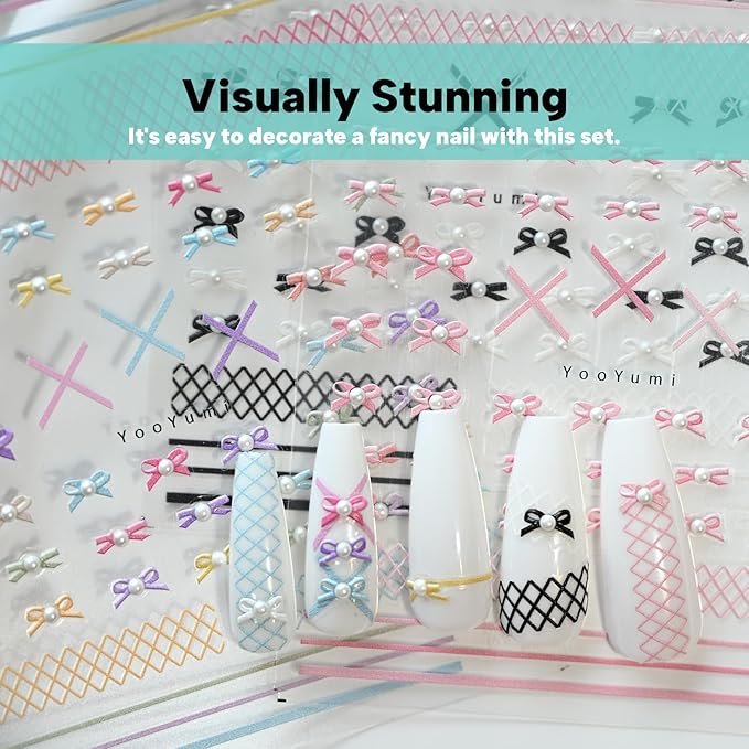 Bow Black White Colorful Nail Art Stickers Pearl Rhinestones Embossed Nail Decals for Nail Art Design Self-Adhesive Nail Accessories for Women Nail Art Supplies 3 Sheets