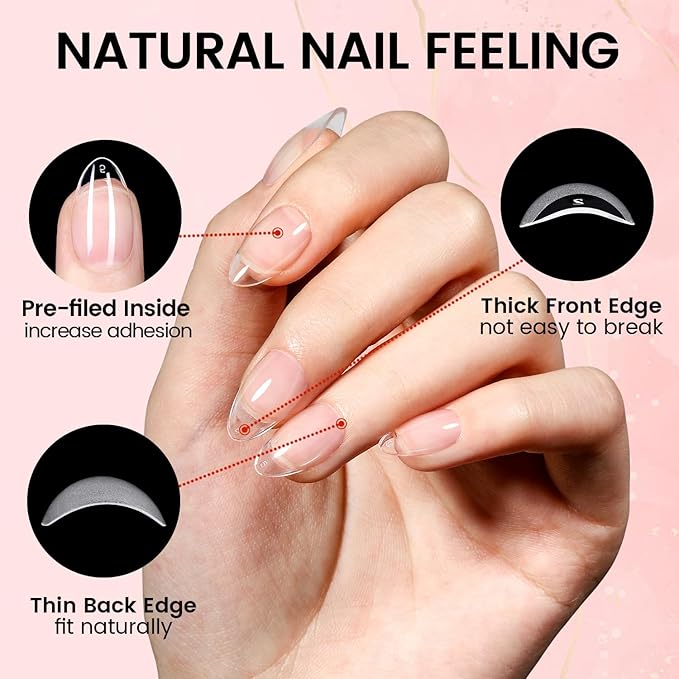 AILLSA Nail Extension Kit Short Almond Nail Tips 240pcs with 2 In 1 Nail Glue Base Coat and Nail Dehydrator, Gel Nail Tips Kit with Nail Lamp Top Coat for Starters Home Salon Valentine's Day