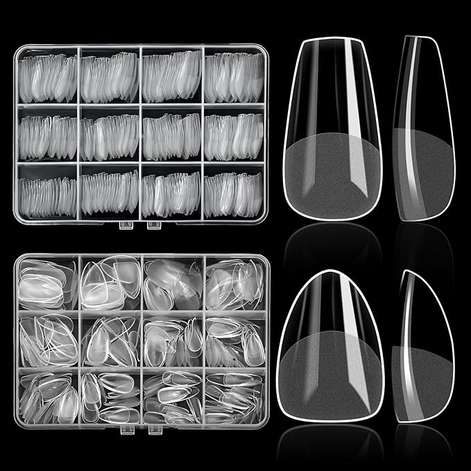 480PCS Nail Tips Clear False Nails Full Cover for Acrylic Fake Nails Kit 12 Sizes 2 Shapes Short Almond Coffin Pre-Shape for Salon Home DIY Gifts