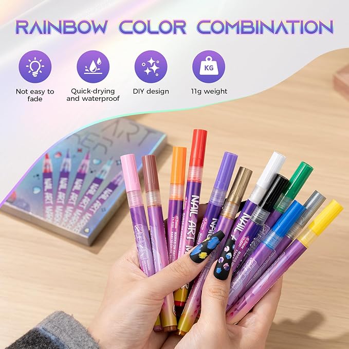 Nail Art Pens, 12 Colors 0.5mm Fine Tip Water-Based Quick-Dry Pens for DIY Nail Design, Doodles & Outlines – Nail Art Kit for Kids, Teens & Beginners