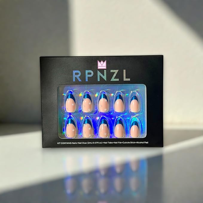 Press On Nails - Ocean | Blue Chrome French Tip with Pearl Design, UV Finish Almond Nails, Salon Quality | 32 Nails, 16 Sizes Kit with Glue and Adhesive Tabs I Female Founded