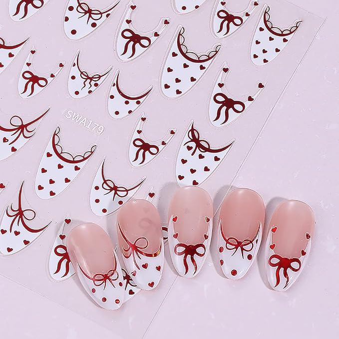 6 Sheets Valentines Day Nail Art Stickers French Tip Nail Stickers Black Red French Tip with Heart Dot Bow Tie Self-Adhesive Design Cute Nail Decals Decorations for Women Acrylic Manicure Salon Tips