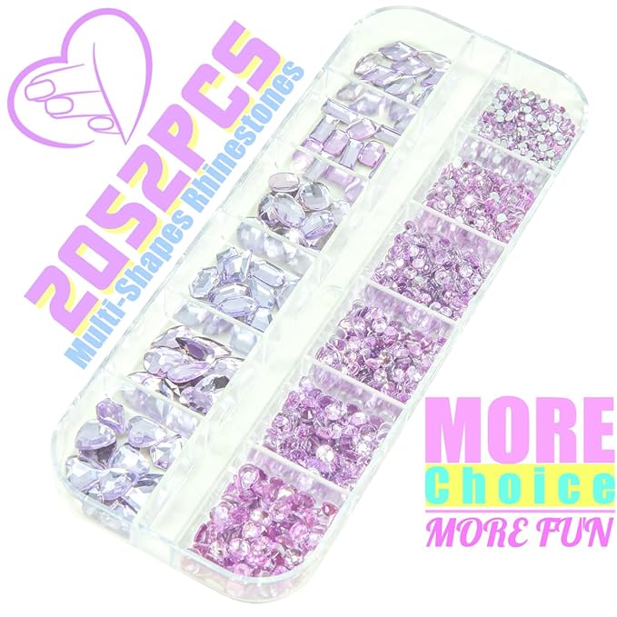 2052Pcs Amethyst Purple Nail Rhinestones Glass Light Purple Rhinestones for Nails 72 Multi Shapes Big Gems +1980 Flatback Round Beads Crystals Diamonds Jewels Nail Art Charms for Faces Makeup