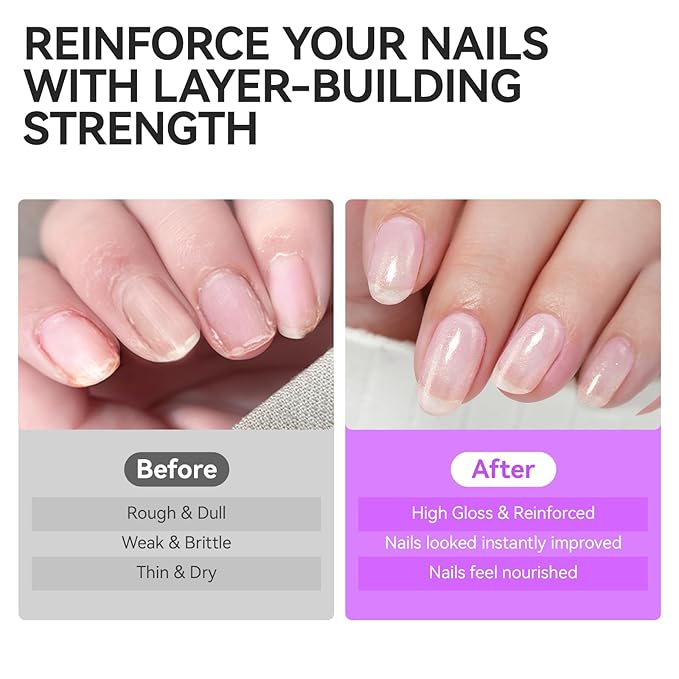 Nail Polish Strengthener and Growth Treatment: Glittering Gelike EC 6 in 1 Natural Nail Hardener Extra Strong and Growth - Long Lasting Nail Repair for Damaged Nails - For Daily Work Home Salon