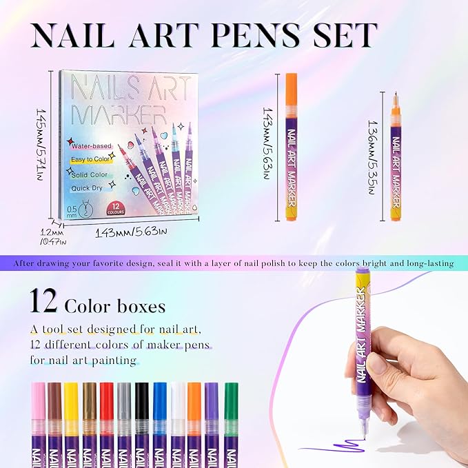 Nail Art Pens, 12 Colors 0.5mm Fine Tip Water-Based Quick-Dry Pens for DIY Nail Design, Doodles & Outlines – Nail Art Kit for Kids, Teens & Beginners
