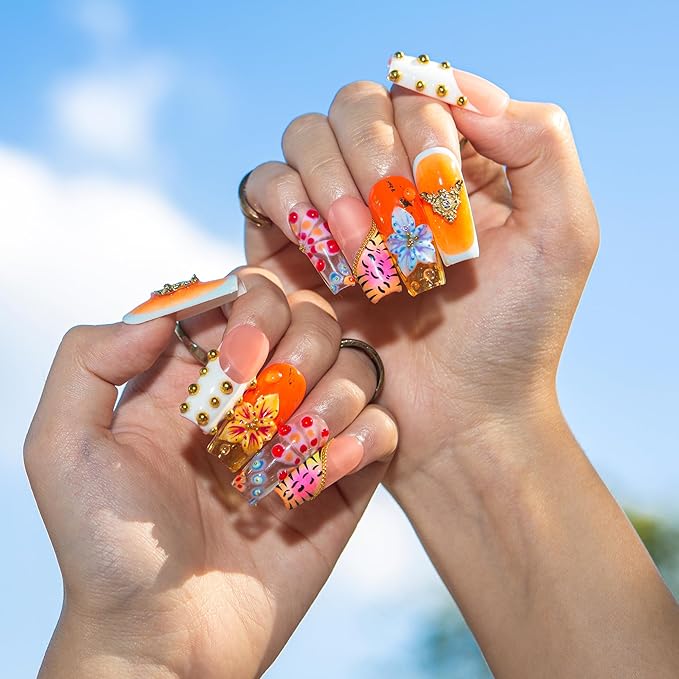 LOVFUL Short Press on Nails Tropical Trouble | Handmade Acrylic Press ons | Reusable Fake False Nails | Square Classic Regular 1.3in | H612-L
