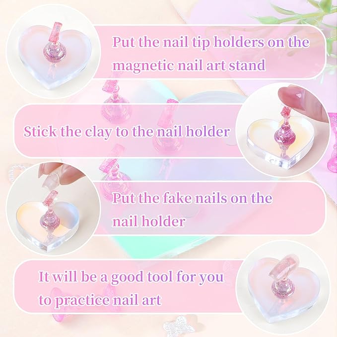 Nail Stand for Press ons,2 Set Heart Nail Holder for Painting Nails Aurora Nails Display Practice Art Magnetic Nail Display Stand with 200 Pcs Adhesive Tabs Nail Art for Display Home Salon