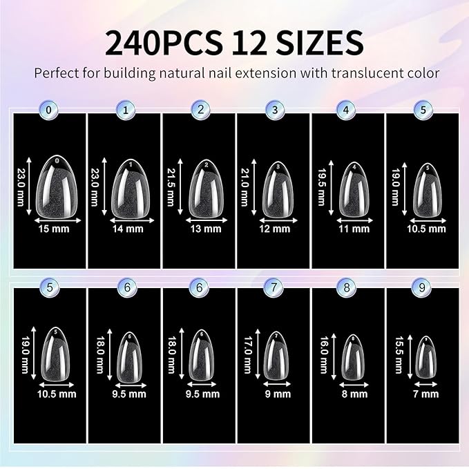 Short Almond Nail Tips - 12 Sizes 240 PCS Half Matte Full Cover Clear Fake Nails Soft Gel Pre-shaped Press On False Nails Acrylic Soft Nail Tips No C Curve Extension Manicure DIY Gelly Tips