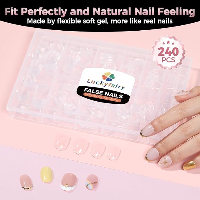Extra Short Oval Round Nail Tips: 240Pcs Tri-Layer Core Soft Gel Nail Tips, Pre-shaped Short Oval Press On Nails, 12 Sizes Half Matte Full Cover Clear Short Nails for Extension Art DIY Salon