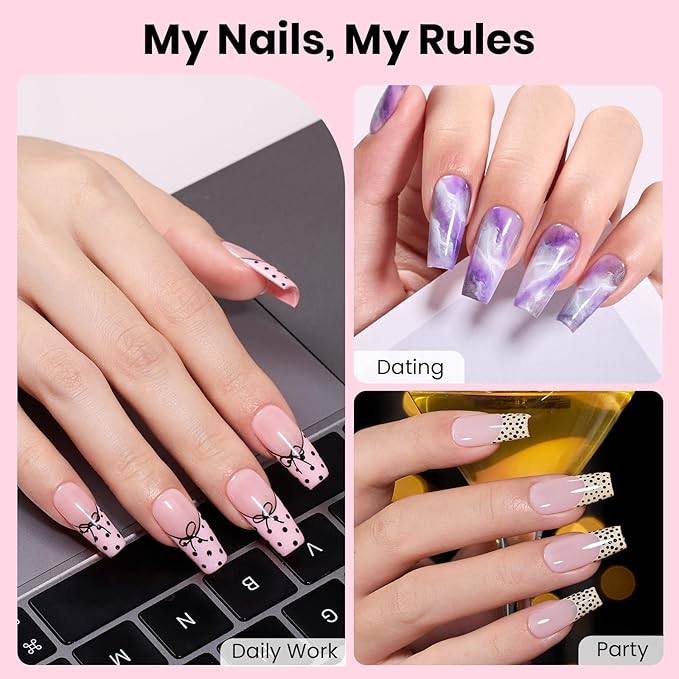 Beetles Gel Nail Kit Flat-X, Coffin Medium, 320pcs 16 Sizes Nail tips, with 15g Nail Glue Gel Hands-Free, 7.5ml Base Gel & Top Coat, Mini Lamp, for Acrylic Press On Nail, Extension DIY Set at Home