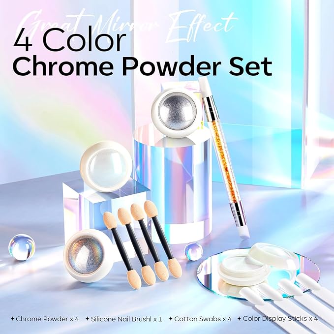 modelones Chrome Nail Powder 4 pcs, White Pearl Nail Chrome Powder, Iridescent Aurora Glitter Mermaid Silver Metallic Mirror Holographic Effect Pearlescent Pigment Dust Kit Resin Craft