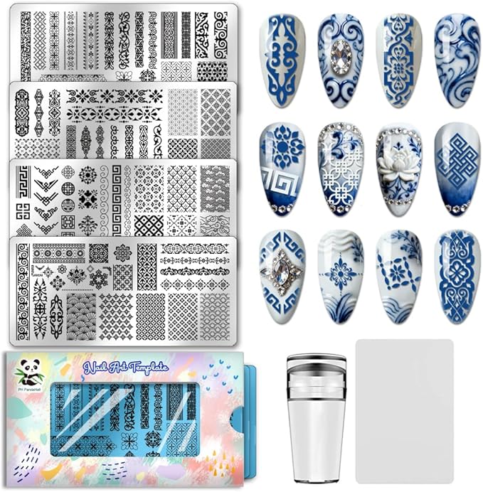 PH PandaHall 4pcs Chinese Style Patterns Nail Stamp Plate Retro Long Strip Nail Art Template Floral Motifs Nails Stencils Traditional Border Nails Image Plate for Women Manicure Tips Design Decoration
