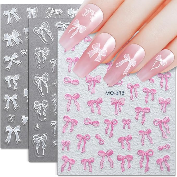 3 Sheets Bow Nail Sticker 3D Embossed Self-Adhesive Color Bow Art Nails Decals 5D Design Stickers Supplies for Women Girls Manicure Decoration 807-10