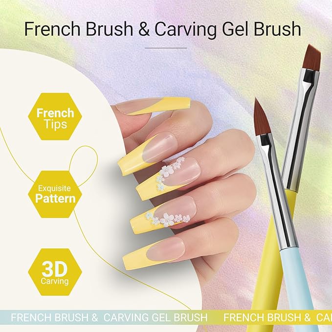 AIRSEE Gel Polish Nail Art Brushes set, 7PCS Nail Art Design Tools with Nail Liner Carved French Dotting Pen Clean Up Brush, DIY Manicure Tools Gift for Women