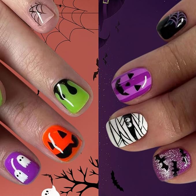 2 Packs 48Pcs Halloween Press on Nails Short Square Fake Nails Ghost Acrylic Nails Pumpkin Bat Designs Glue on Nails Winter Xmas Stick on Nail Kids for Women Girls Manicure Decoration