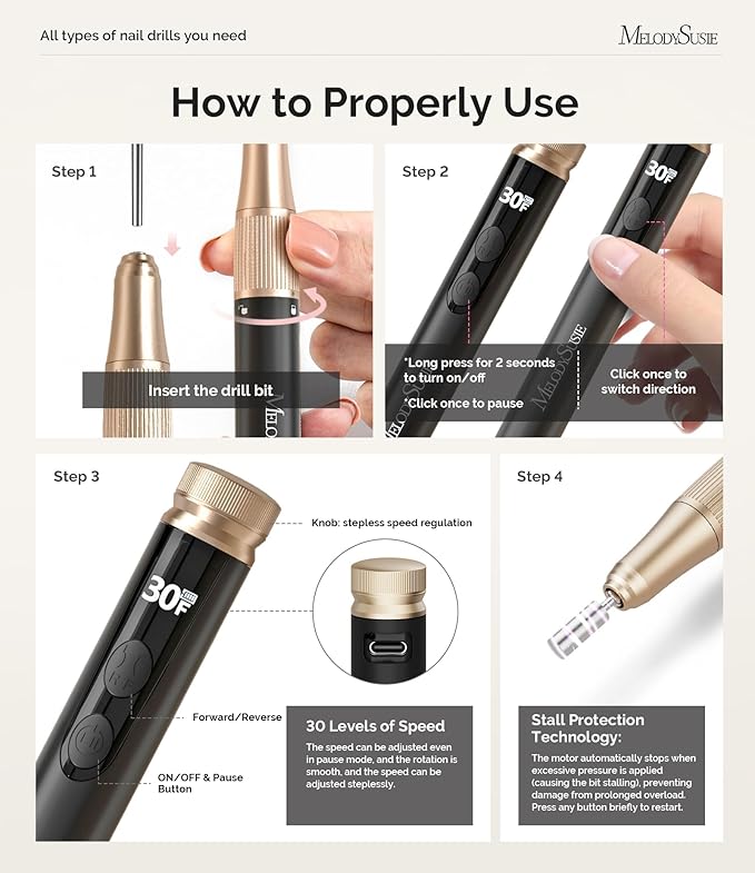 MelodySusie Pen-Shaped Cordless Nail Drill with Adjustable Stepless Speed,SM180F 30000RPM Portable Rechargeable E-File with LED Display for All Manicure Shaping & Acrylic Gel Removal for Pro at Home