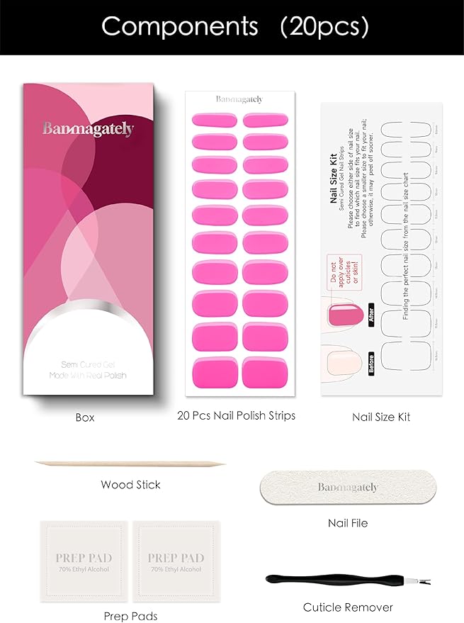 Semi Cured Gel Nail Strips, 20Pcs Long Lasting Salon Quality Wraps, Easy Apply & Remove Gel Nail Stickers with UV Light (Pink Riot)