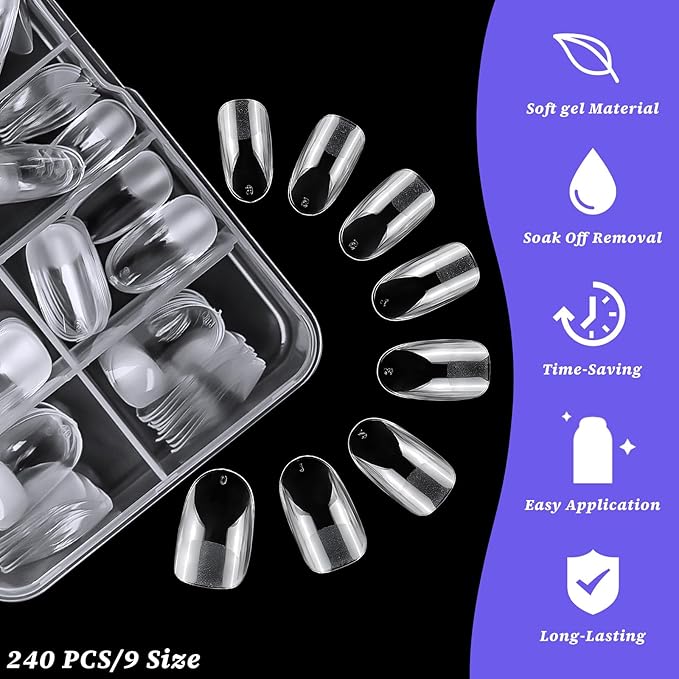 240pc Oval Gel Nail Tips Short Fake Nails Clear Press ons Nail, Short Oval Nails Tips Acrylic Nails Extension Soft Gel Nails Tip Full Cover Round Almond False Nail Clear Artficial Fingernails