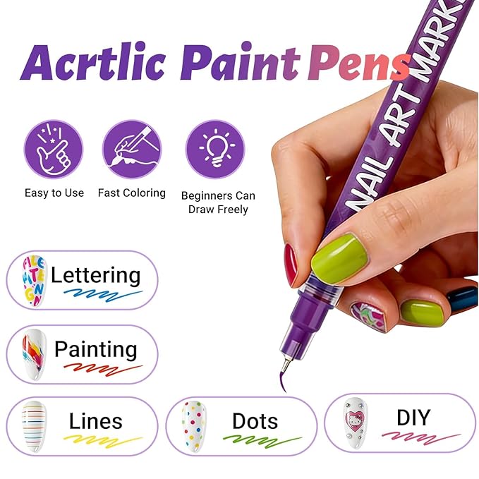 Nail Art Pens Markers Kit - 12 Colors 3D Nail Polish Art Pens Set Design Tools for Girls Women Kids Beginners DIY Painting Nails, Drawing Painting Liner Brush Quick Dry 0.5mm (12 Count (Pack of 1))